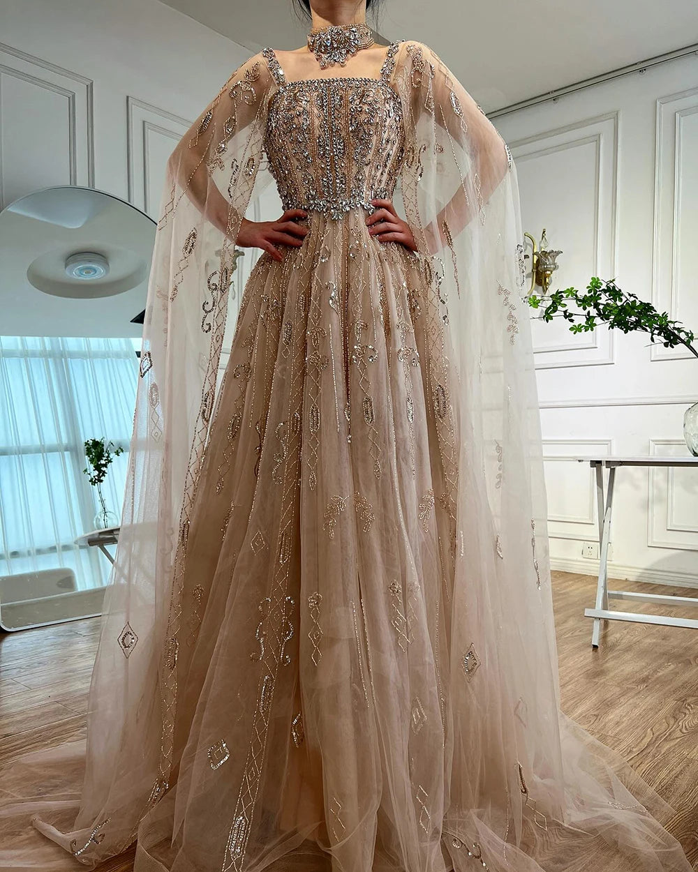 Serene Hill 2025 Arabic Nude A Line Cape Sleeve Crystal Beaded Luxury Evening Dresses Gowns Formal Occasion Customize BLA72764
