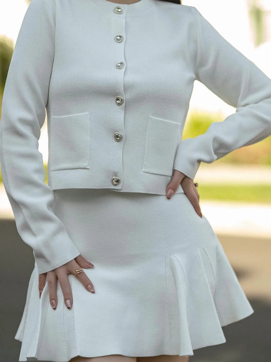 تنورة أنيقة أنيقة للنساء، رقبة دائرية، أكمام طويلة، سترة محبوكة، تنورة قصيرة بخصر مطاطي، تنورة نسائية جديدة للربيع والصيف