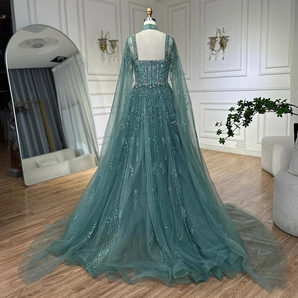 Serene Hill 2025 Arabic Nude A Line Cape Sleeve Crystal Beaded Luxury Evening Dresses Gowns Formal Occasion Customize BLA72764