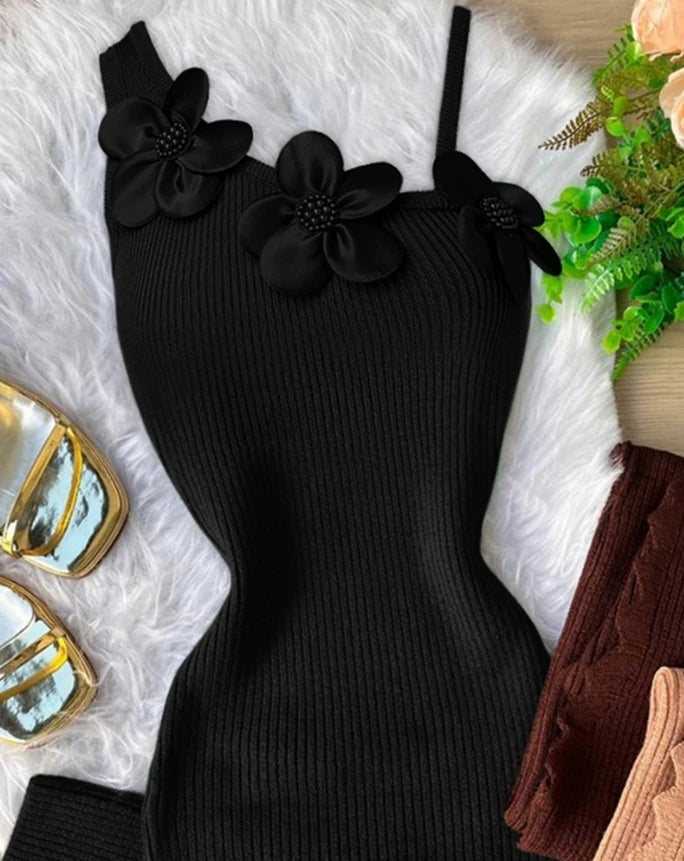 Sexy Elegant Dresses for Women New Fashion 2024 Autumn Spring Summer Casual Floral Pattern Beaded Knit Bodycon Dress