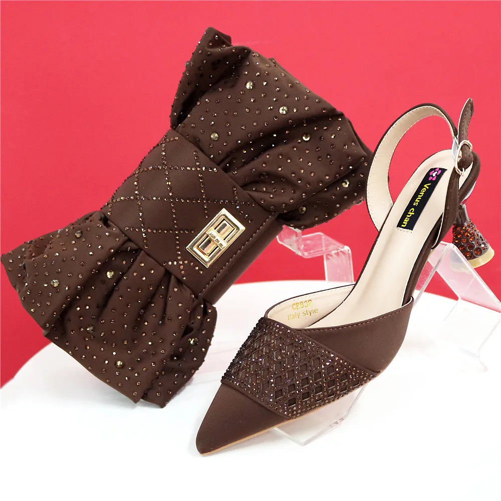 Latest Women Italian Shoes and Matching Bags Decorated with Rhinestone Elegant Pointed Toe Wedding Shoes Bride