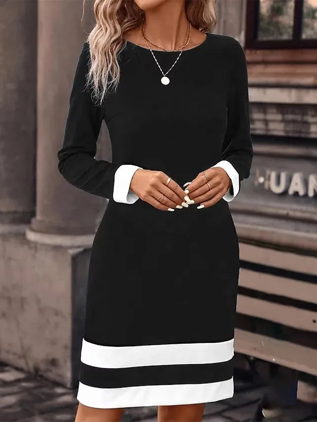 Women's New Autumn Winter Fashion Sexy Tight Fitting Color Blocked Dress Long Sleeved Round Neck Women's Clothing