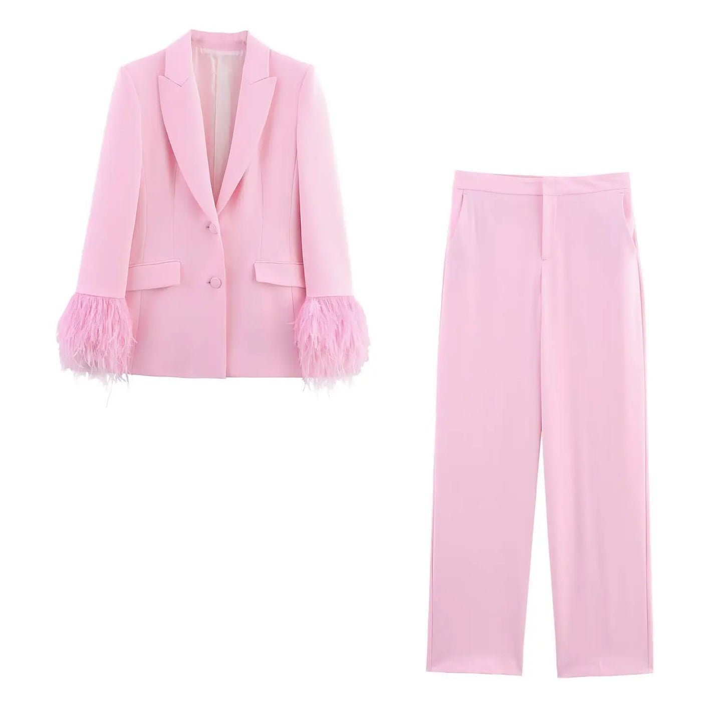 Women Fashion Pink Sets Turn-Down Collar Long Sleeves Single-Breasted Feather Blazer+High Waist Pocket Zipper Long Pants
