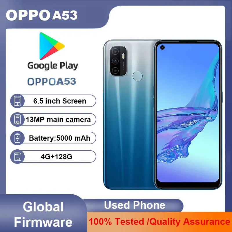 هاتف oppo A53 Smatr 4G Android 6.5 بوصة شاشة هاتف ذكي ROM 128GB 5000mAh 13MP كاميرا هاتف مستعمل