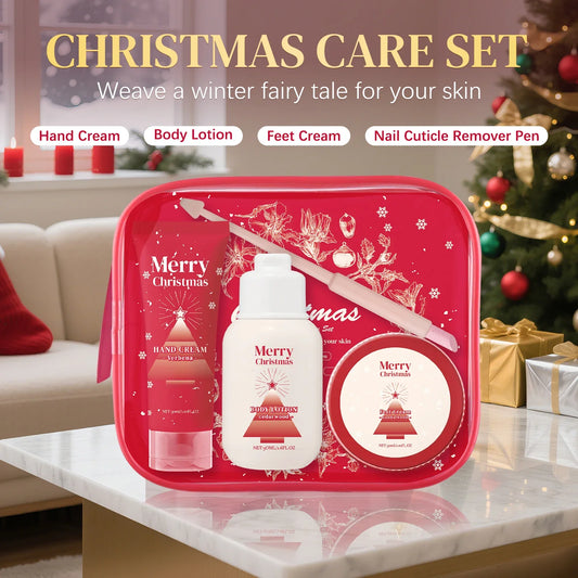 Merry Christmas 110ml Skin Care Gift Set - Hand Body Feet Cream with Nail Pen, Natural Verbena Cedarwood Sandalwood Fragrance