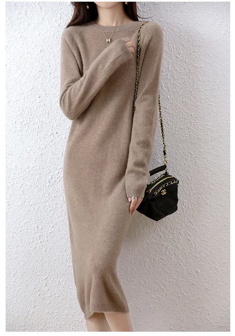 2022 Autumn Winter New Women Fashion Dress 100% Wool Warm Sweater Dress Long Sleeve Knitted Pullover Female Casual Dresses SwiftNest