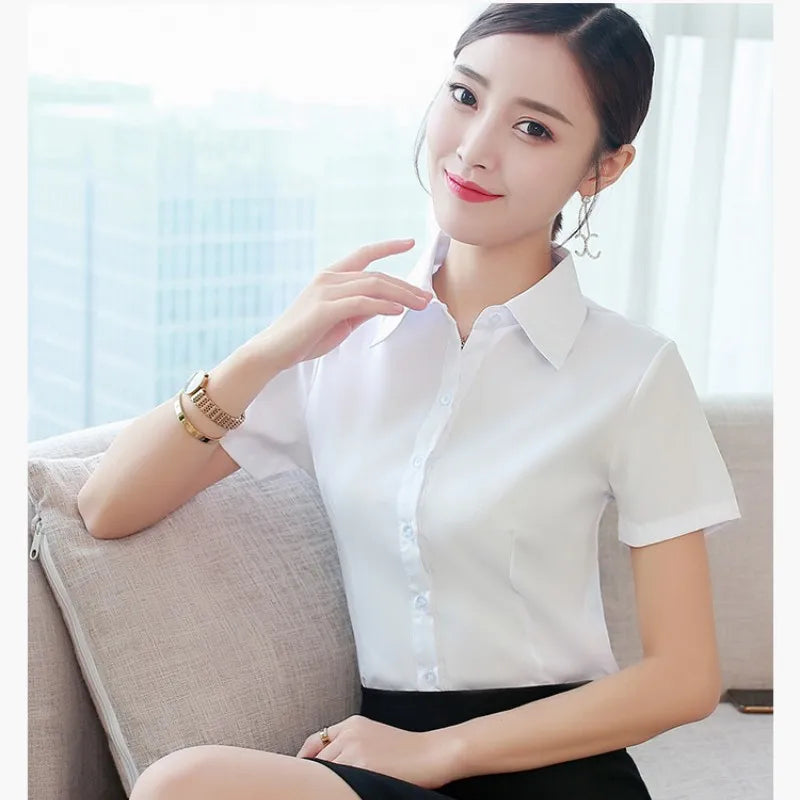 Fashion White Shirts Woman 2025 Autumn Short Sleeve Blouse Solid Ladies Tops OL Female Clothing  Basic Work Shirt Women's Blouse SwiftNest