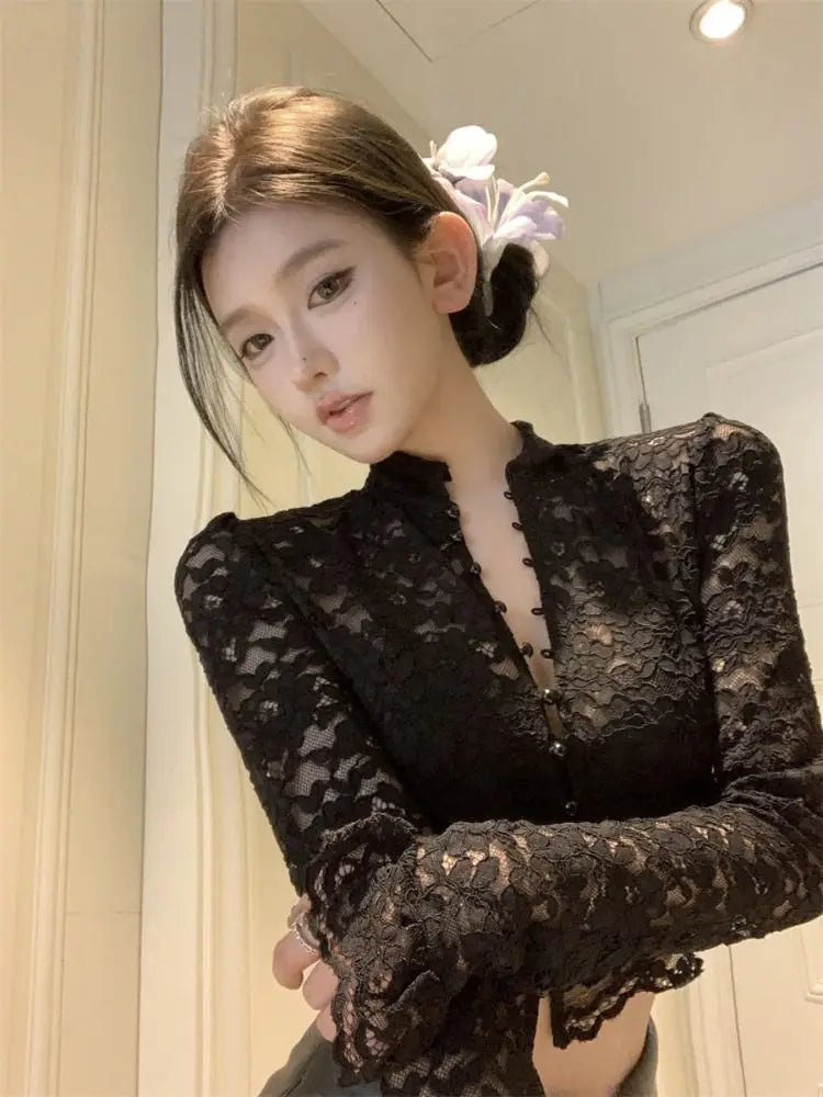 Women Clothing Spring Autumn Fashion Simplicity Trend Lace Button Solid Color Ladies Pure Desire Wind Bottoming Shirt Cardigan