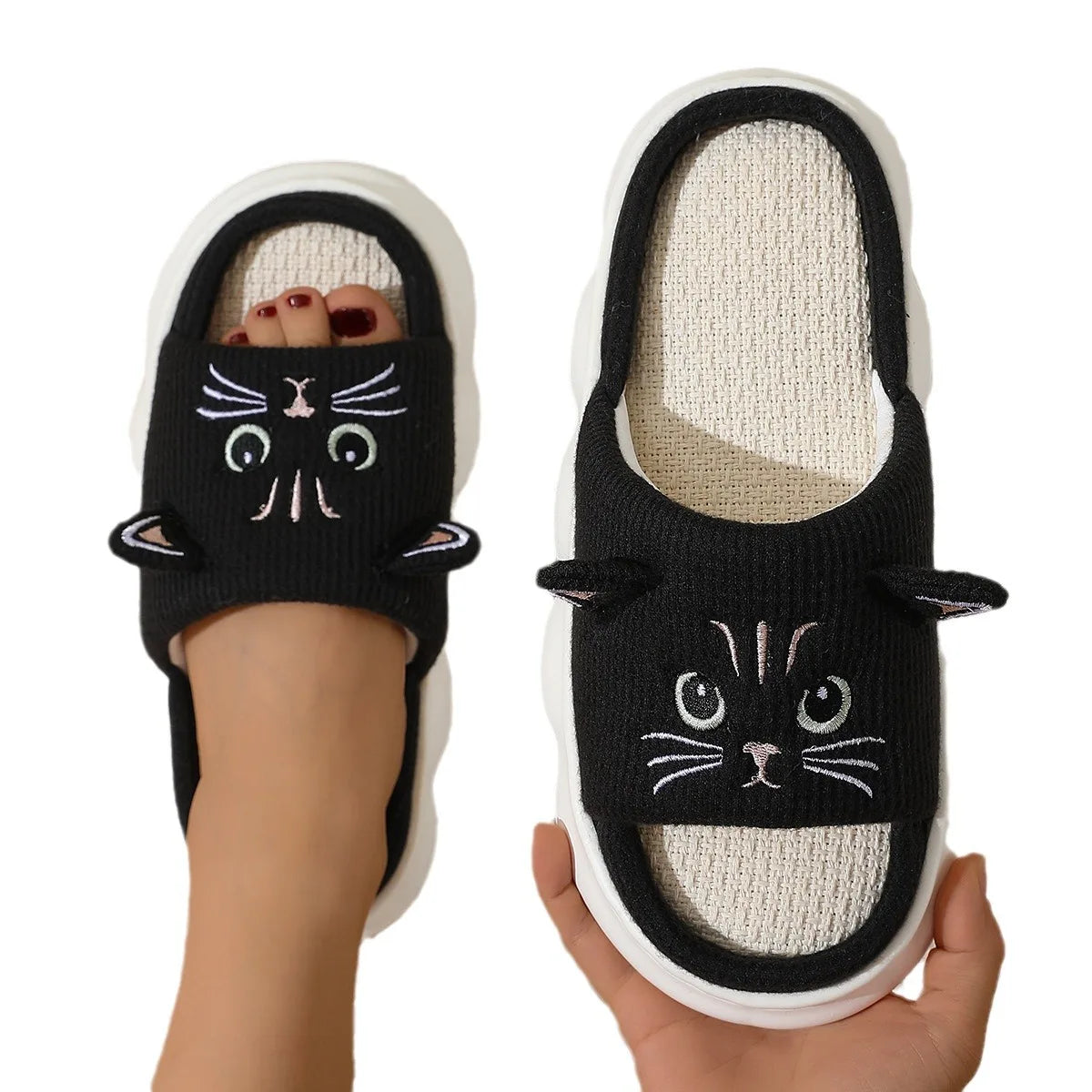 Smile Summer New Non-slip Breathable Sweat-absorbing Linen Slippers Women Thick-soled Four-season Cotton And Linen Slippers