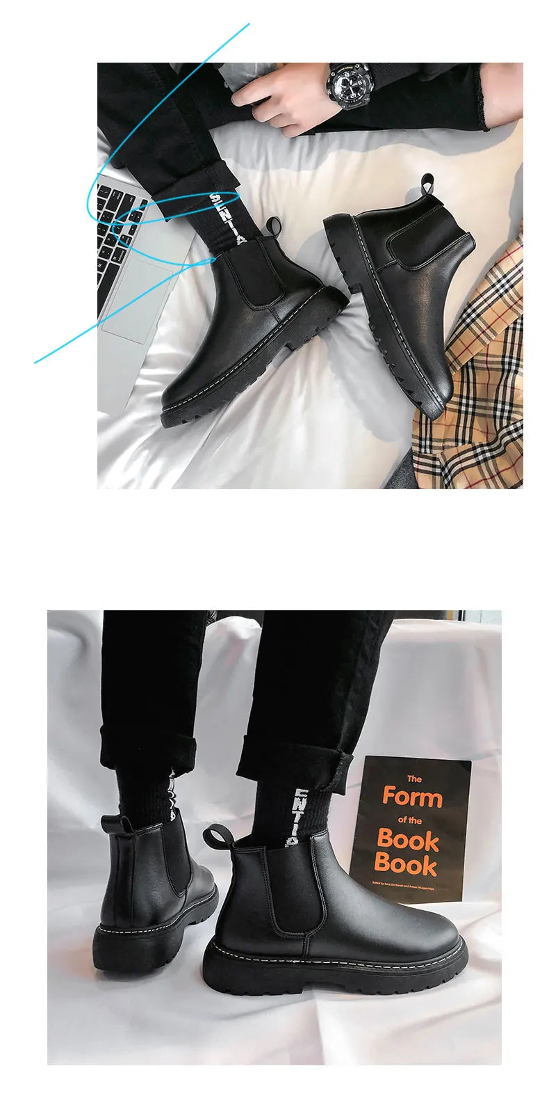 Mens Handmade Leather Chelsea Boots Elastic Sides Business Casual Dress Shoes Anti Slip Sole Comfortable Black Footwear