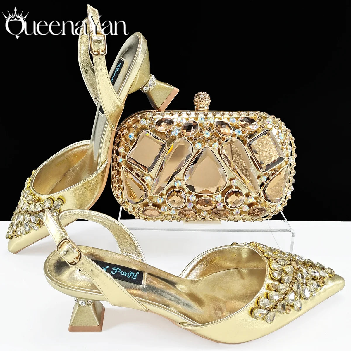 Queena Yan Italian shoes and handbags accessory set with rhinestone metal embellishments Wedding shoes Bridal shoes Designer