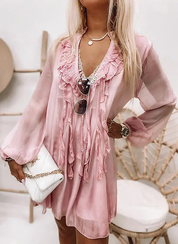 Women's Fashion Summer Beach Style Dress For Women Ruffles Tassel Tie Up Sexy V-neck Loose Solid Color Long Sleeves Dress Women SwiftNest