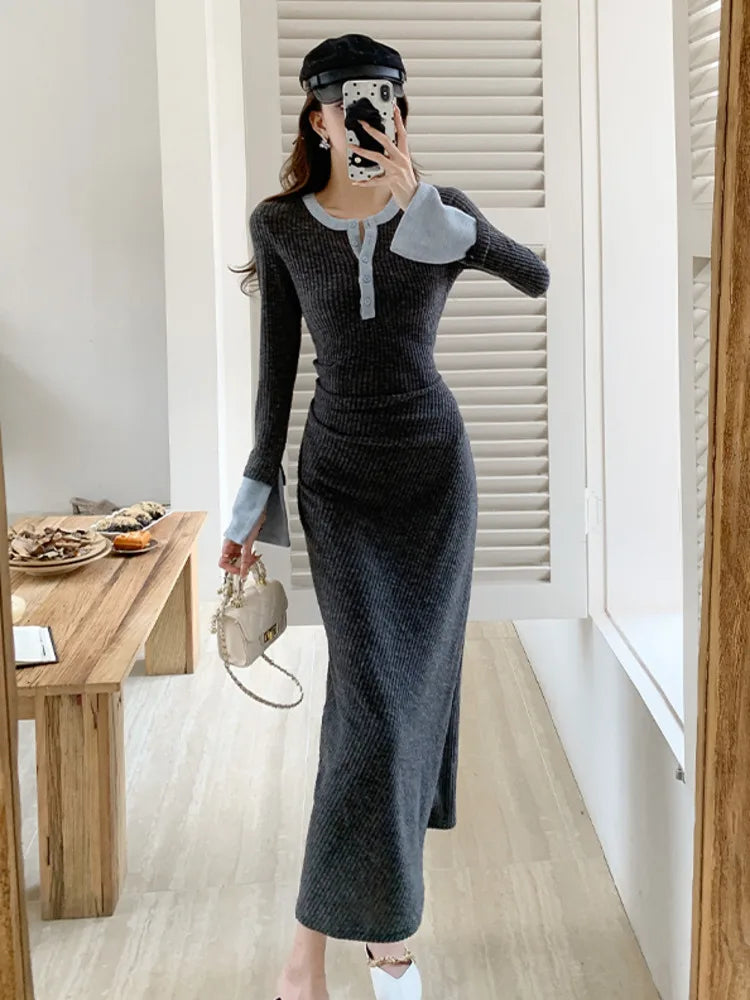 2025 Spring New Women Fashion Casual O-neck Party Dresses Ladies French Elegant Slim Waist Knitted Long Dress Vestidos Longos