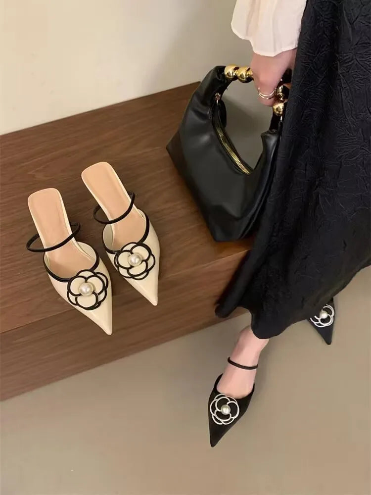 Flower Pointed Toe High Heels Women Luxury Designer Sandals Female Summer Elegant Fashion Pumps Woman Flower Mule Slippers Women