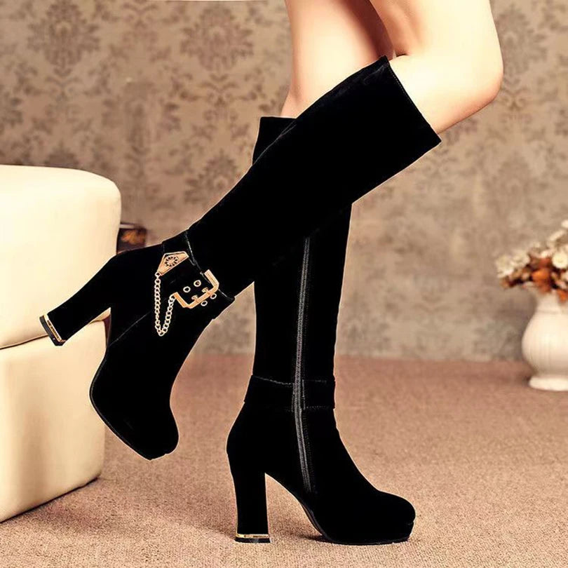 Ankle Metal Belt Buckle Metal Chain Frosted Flock Women's Elastic Boots Platform Ultra-High Thick Heel Zipper Knee High Boots