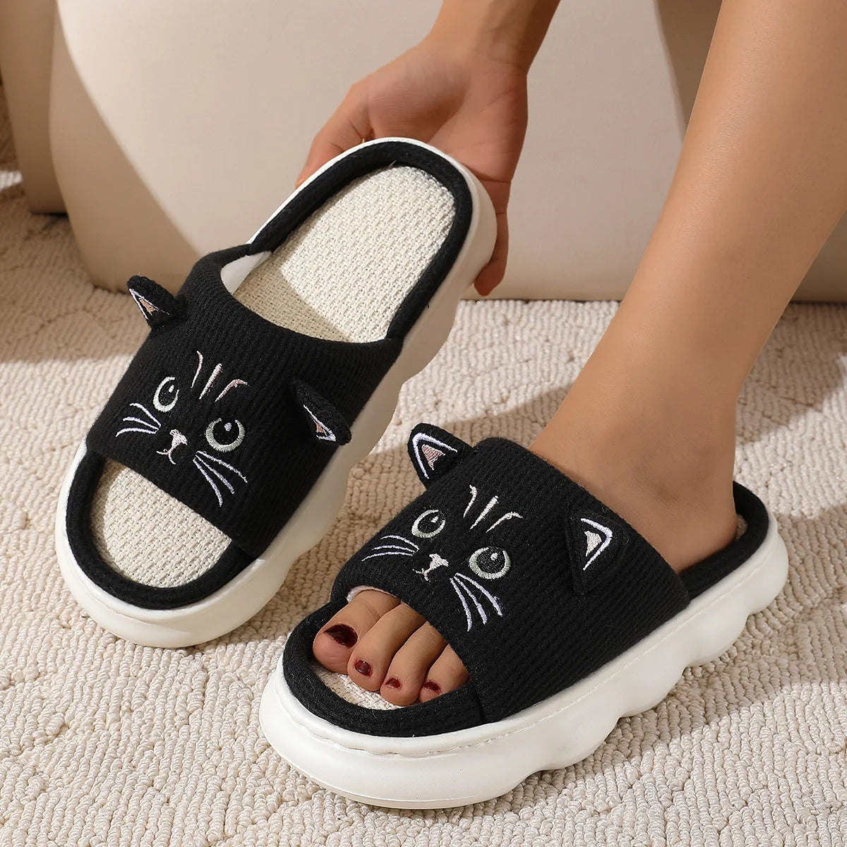 Smile Summer New Non-slip Breathable Sweat-absorbing Linen Slippers Women Thick-soled Four-season Cotton And Linen Slippers