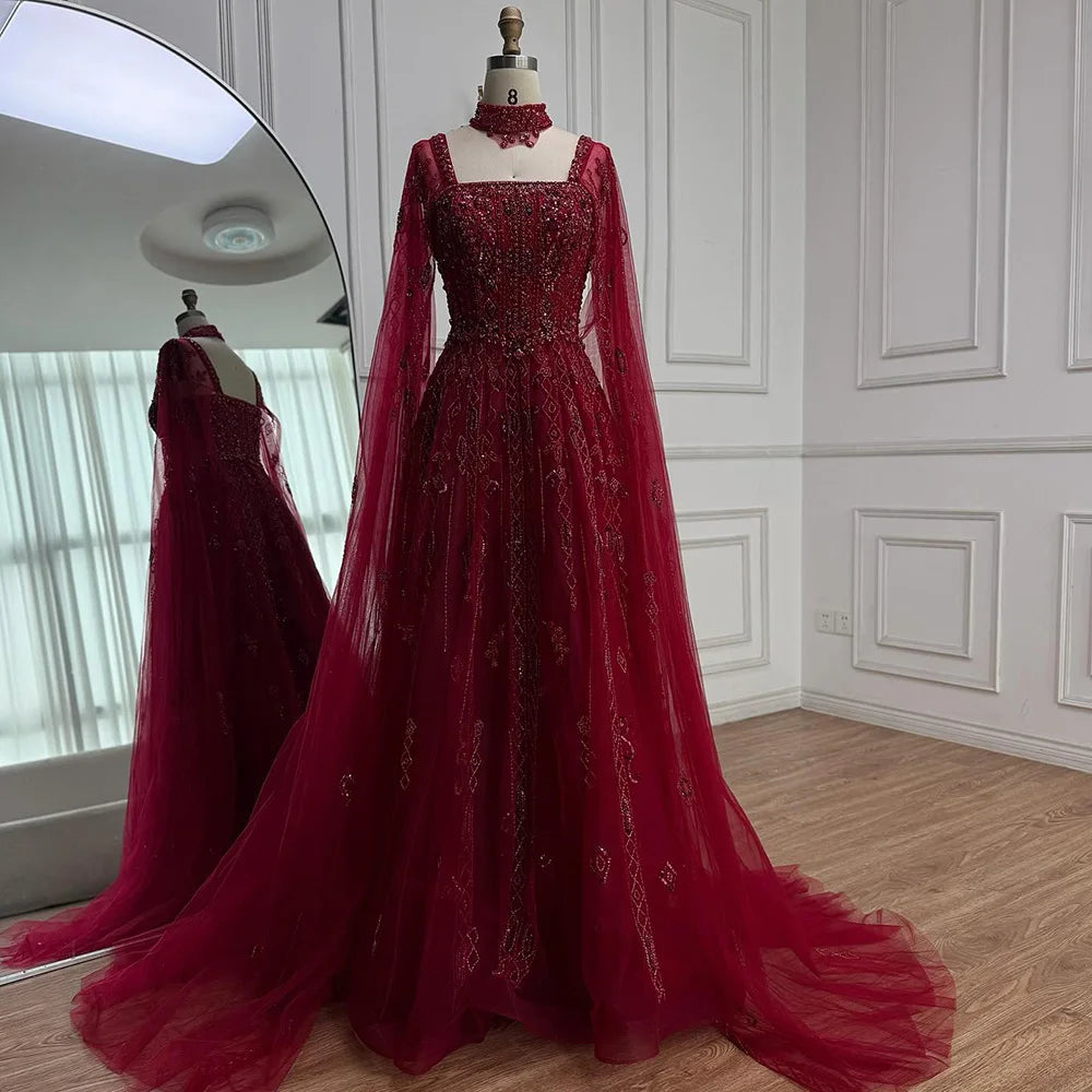 Serene Hill 2025 Arabic Nude A Line Cape Sleeve Crystal Beaded Luxury Evening Dresses Gowns Formal Occasion Customize BLA72764