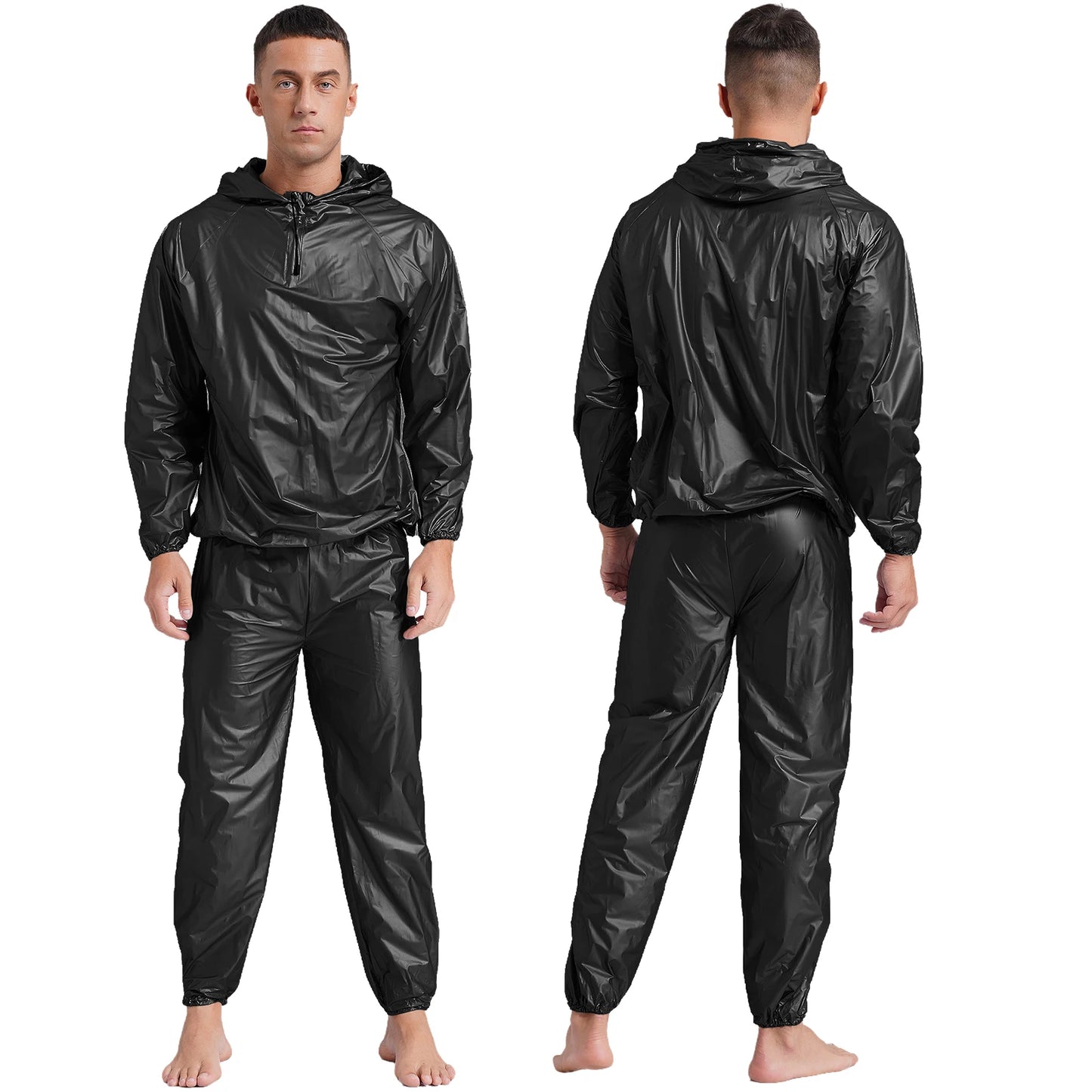 Mens Sports Outfits Sauna Sweat Sets Long Sleeve Hooded Jacket Outerwear and Long Pants PVC Sweating Suit for Gym Workout Yoga