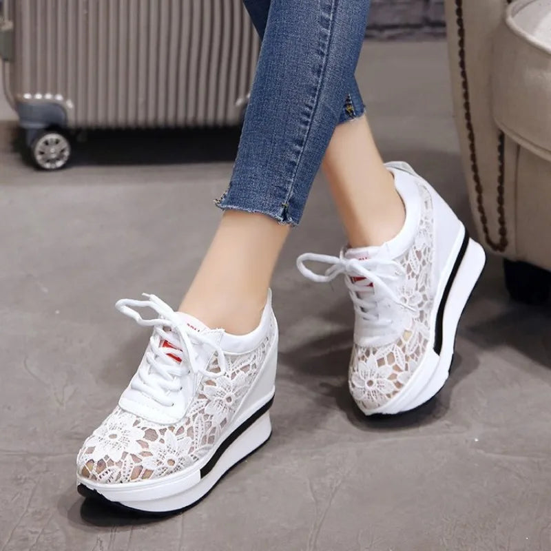 Womens Wedge Heel Block Heel Sandals Mesh Surface Women Shoes Breathable Casual Shoes Lace Up Tenis Thick Sole Sneakers