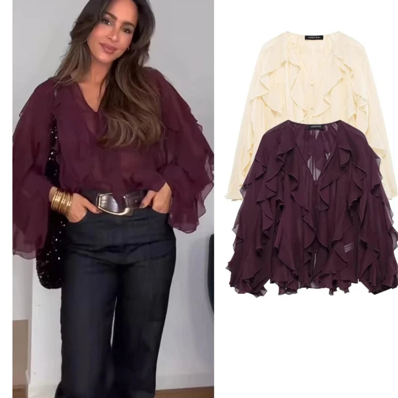 2025 New Fashion Sexy Women Translucent Ruffles Blouses V-neck Single Breasted Tierred Causal Tops Beach Style Solid Shirt SwiftNest