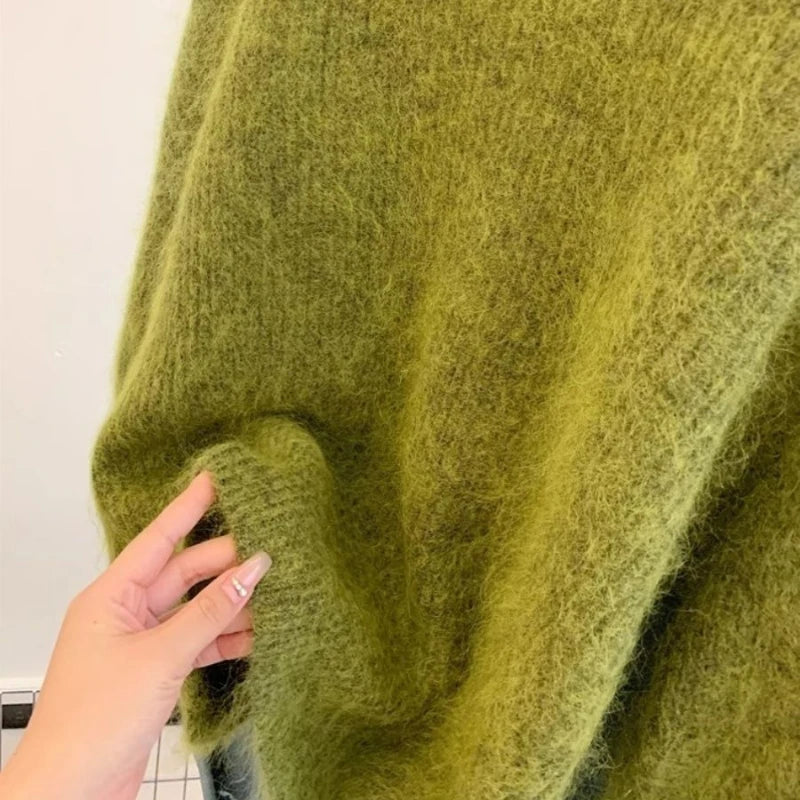 Women's Fashion Simple Casual Green Soft All Match Knitted Sweater Female O Neck Long Sleeve Loose Pullover Tops Sweaters Winter