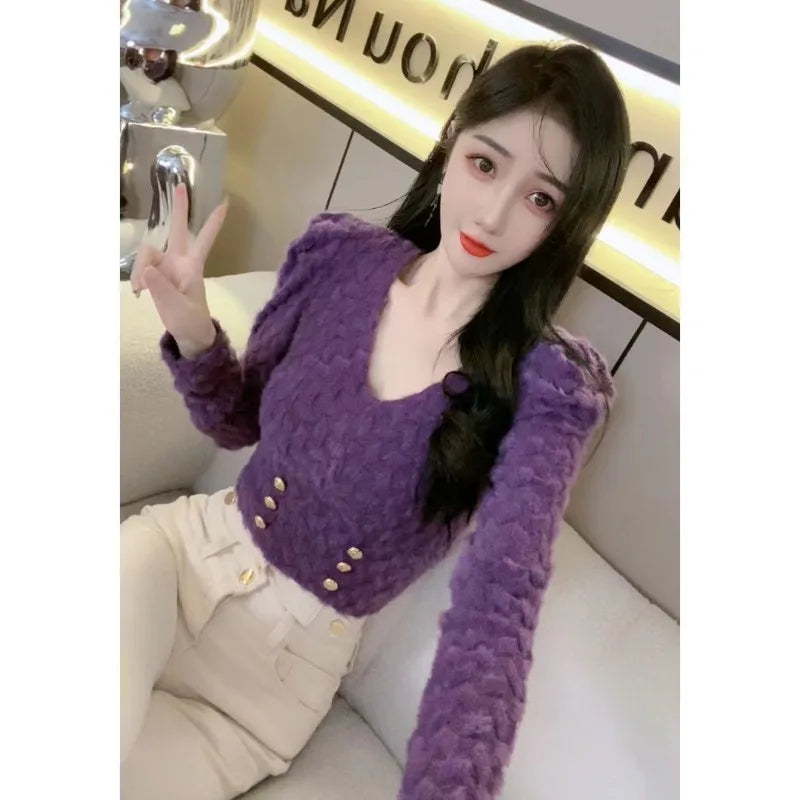 Women Clothes Spring Autumn Fashion Simplicity Elegant All-match Temperament Solid Color V-neck Puff Sleeve Button Long Sleeve T