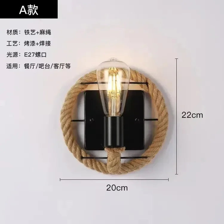 Bedside bedroom decorative wall lamp retro staircase hallway iron hemp rope lamp American industrial style Sconce lamp