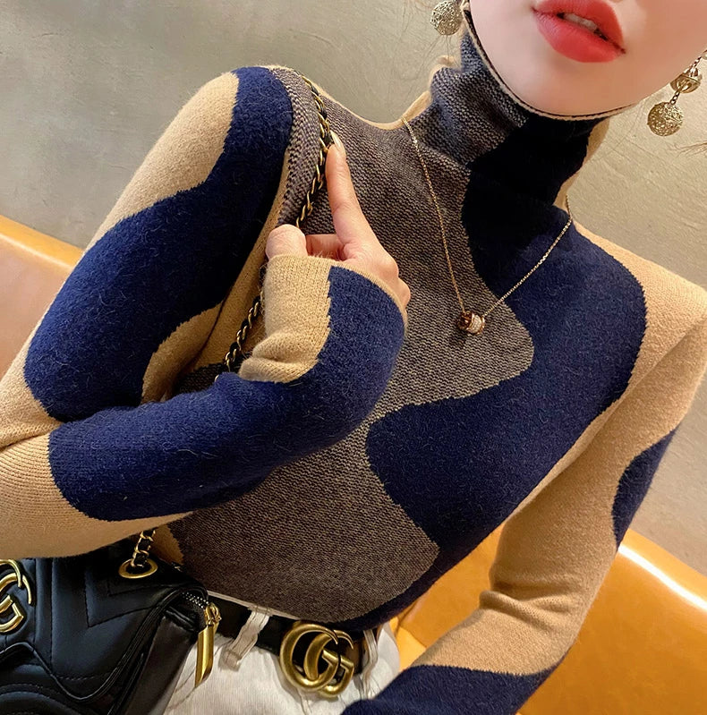 Women Clothing Vintage Fashion Slim Turtleneck Sweaters Autumn Winter Elegant Chic Patchwork Knit Pullovers Office Lady Tops