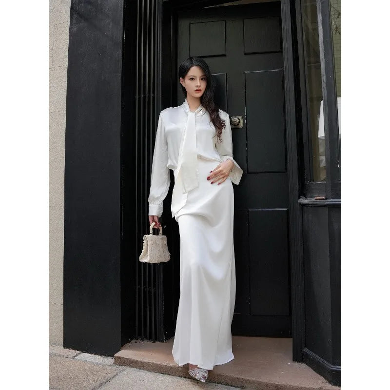 Women's Fashion Trend Sexy Goddess Level Satin Silk Feeling Floor Dragging White Fishtail Skirt Half Skirt Long Sleeved Silk Top