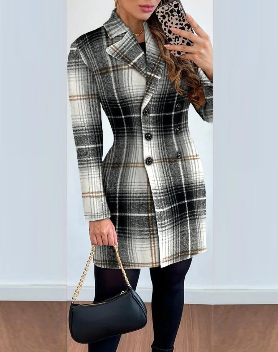 Autumn Winter Fashion Plaid Woolen Coat Dress Women Causal Office Ladies V-neck Double Breasted Slim Woolen Coat Dress Women SwiftNest