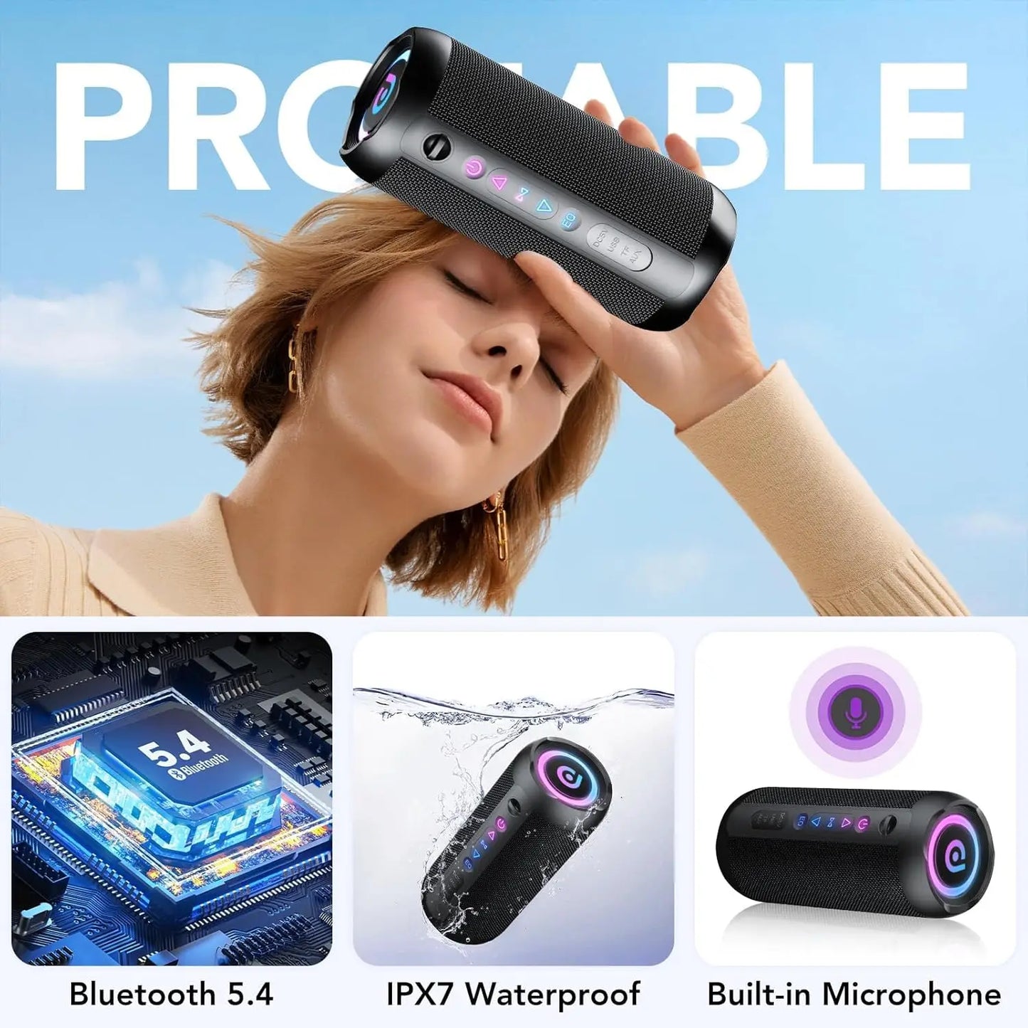 مكبر صوت محمول بتقنية بلوتوث، مكبر صوت بتقنية بلوتوث 5.4، مكبر صوت مزدوج بقوة 30 وات، صوت جهير عميق، مدة تشغيل تصل إلى 30 ساعة، 3 أوضاع معادل صوت، أضواء RGB ملونة