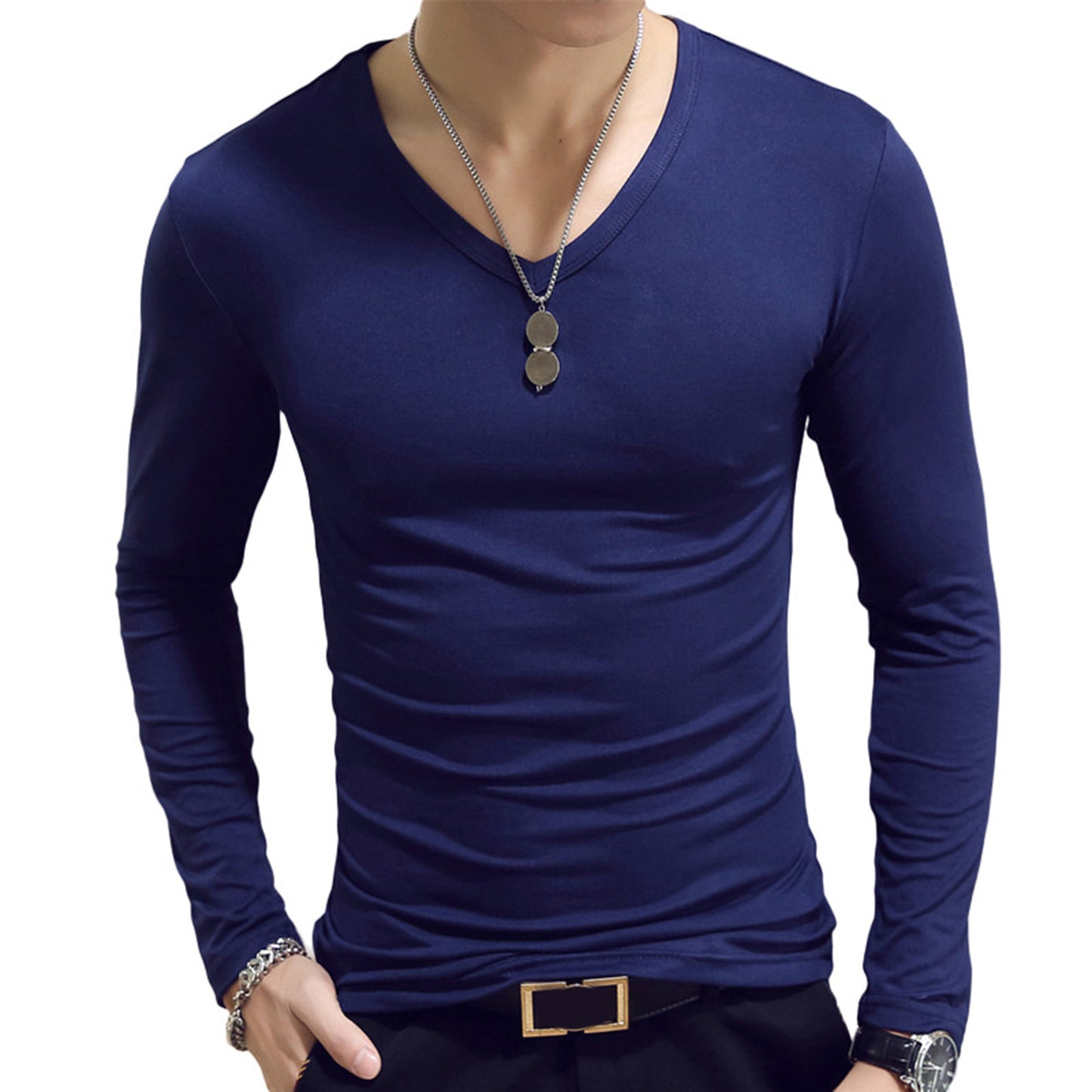 Mens Clothing Fashion V Neck Slim Fit T-shirt Long Sleeve Simple Classic Style Undershirt Casual Solid Color Tees Tops