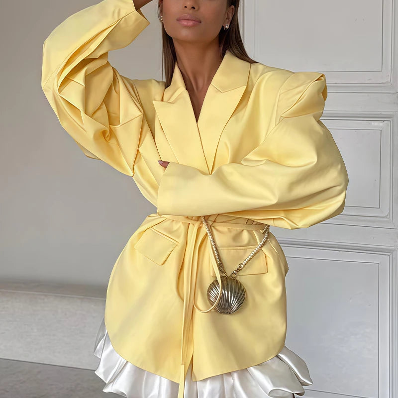 Womens Fashion Blazer Wide Shoulders Waist Tie Long Sleeve Blazer Stylish And Versatile Suitable For Workplace And Casual Wear