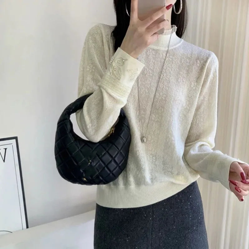 Women Clothes Autumn Winter Fashion Simplicity Lace Patchwork Knitting Half High Collar Female Solid Color Temperament Bottoming SwiftNest
