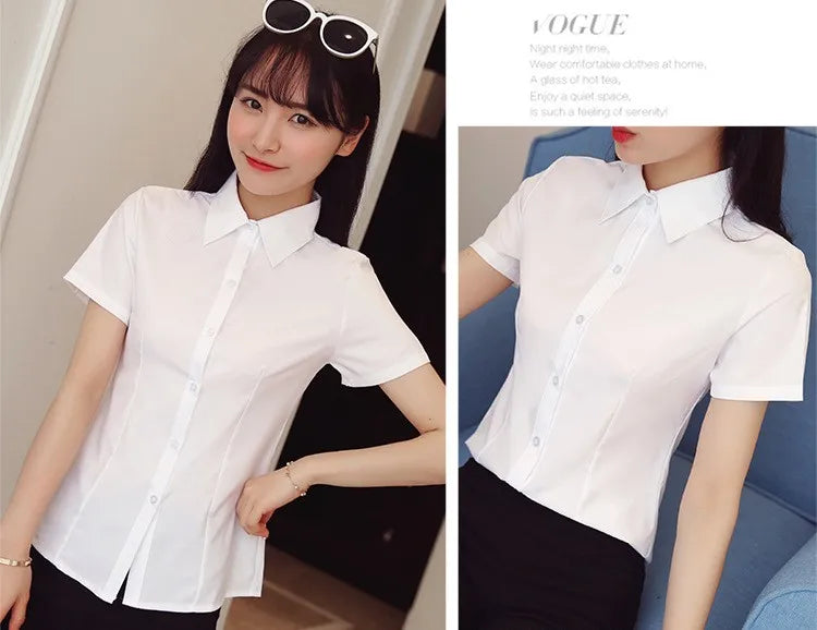 Fashion White Shirts Woman 2025 Autumn Short Sleeve Blouse Solid Ladies Tops OL Female Clothing  Basic Work Shirt Women's Blouse SwiftNest