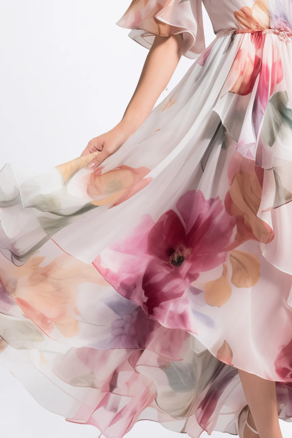 Women's Clothing Fashion Everyday Pink Chiffon Floral Print Flutter Sleeve Maxi Dress