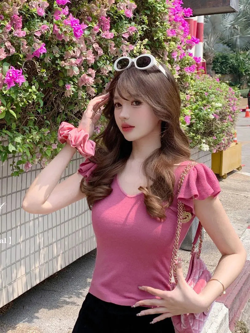 Women Clothes Summer Casual Fashion Simplicity Solid Color V-neck Tops Women's Trend All-match Sweet Temperament Slim T-Shirt SwiftNest