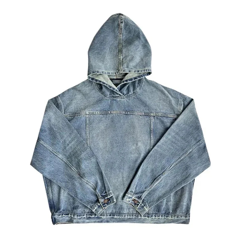 Mens Autumn Winter Fashion Denim Washed Distressed Retro Hoodie Genderless Street Fashion Casual Loose Denim Sweatshirt Unisex
