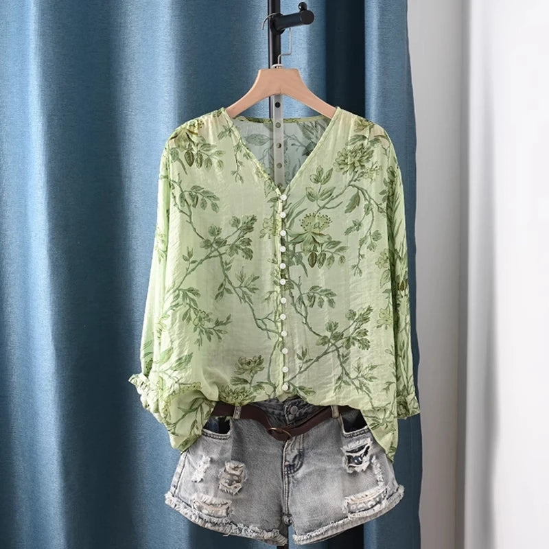 2025 Autumn clothes woman French fashion v neck rose floral print shirts and blouses for women vintage ladies tops