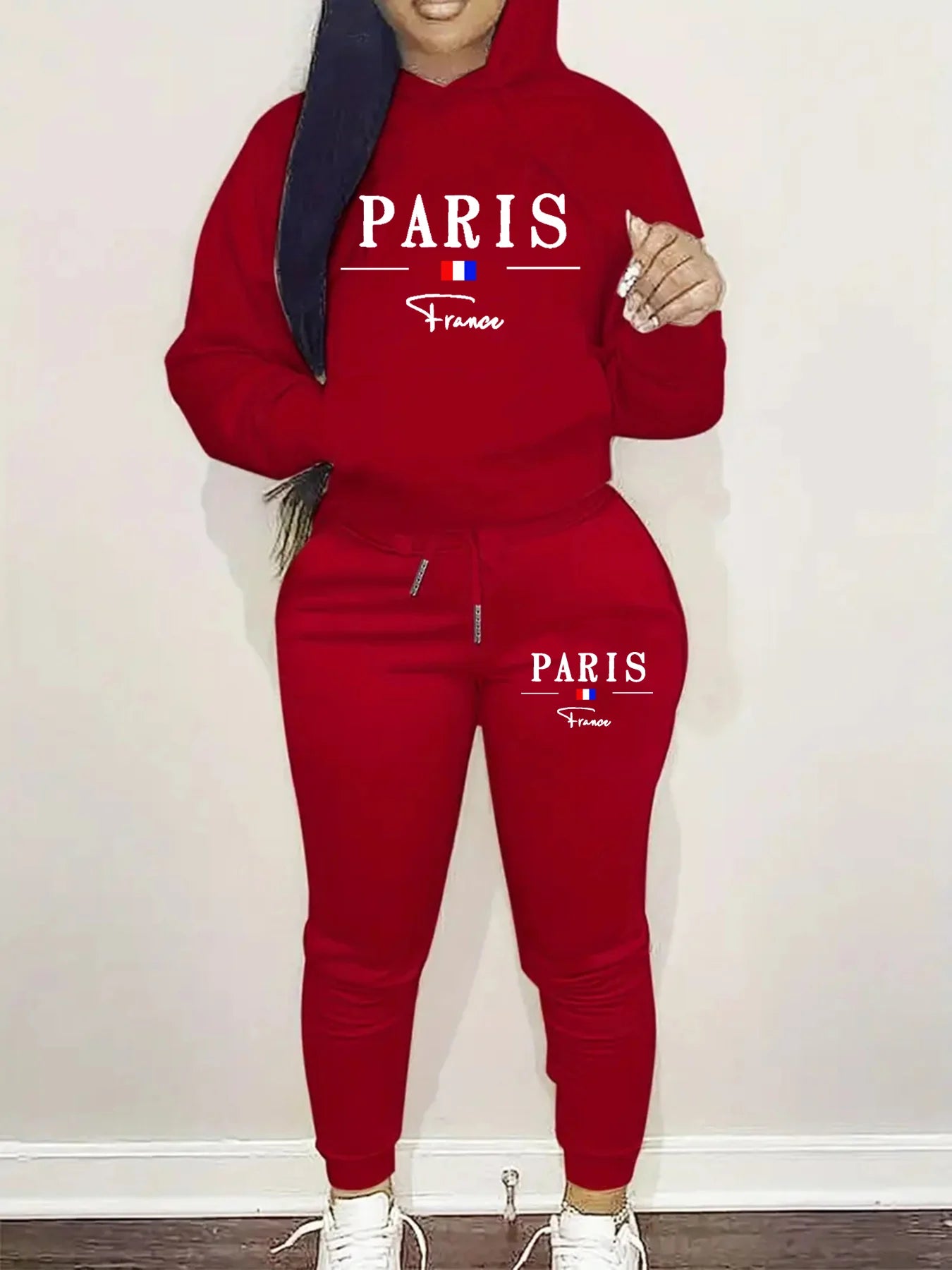 Women's Autumn/Winter Fashion and Leisure Paris Pattern Printed with Velvet Warm Thick Hoodie+Sports Pants Set SwiftNest