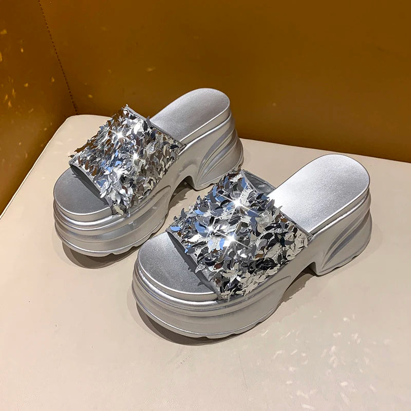 Aphixta Platform Sequined Cloth Sandals Slippers Women 8CM High Wedge Slides Women Shoes Gold Beach Slides Shoes