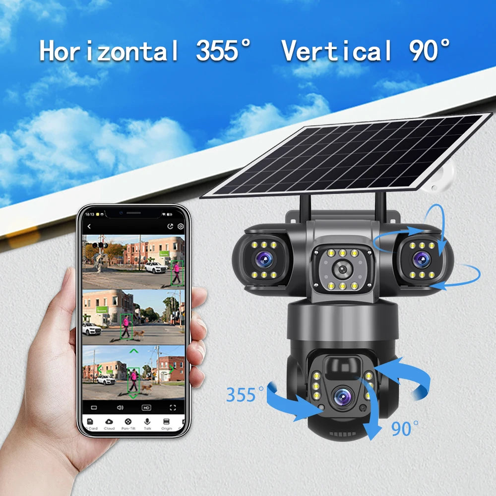 V380 Pro Solar Camera 4G SIM Outdoor 3 Lens Three Screens Webcam PIR Human Detect CCTV Security Video Battery PTZ IP Camara