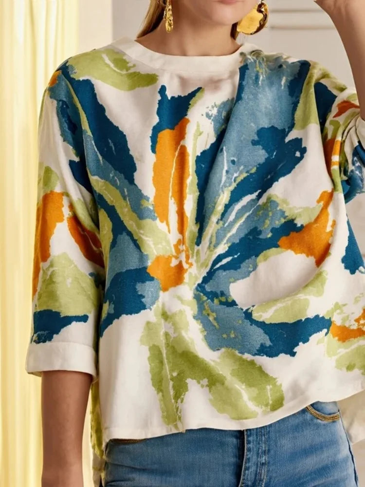 Women's Spring and Autumn Fashion T-shirt Round Neck Half Sleeves Printed Loose Fit Pullovers Casual Buttoned Back Shirt Top