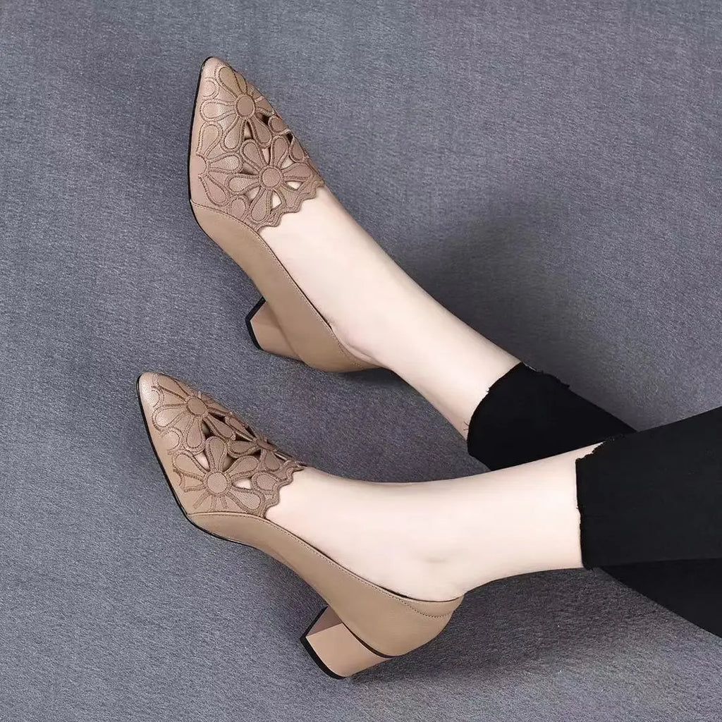 Flowers Hollow Sandals Women Retro Pointed Toe Chunky High Heels Breathable Fashion Ladies Shoes Zapatillas Mujer 2023