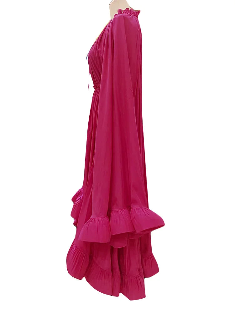 TWOTWINSTYLE Minimalist Dresses For Women V Neck Cloak Sleeve High Waist Ruffles Irregular Summer Dress Female Fashion Clothing