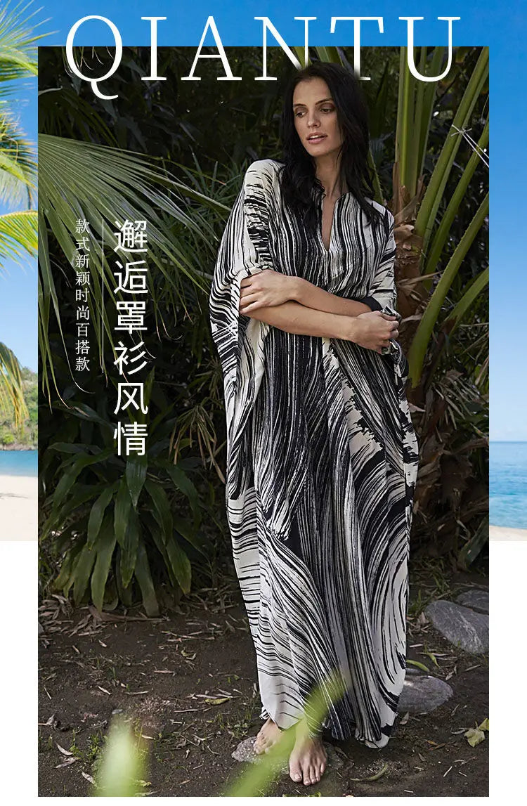 Women's Dress Fashion Beach Vacation Striped Printed Robe 2023 Summer New Casual Vintage Loose Waist V-Neck Long Dresses Female