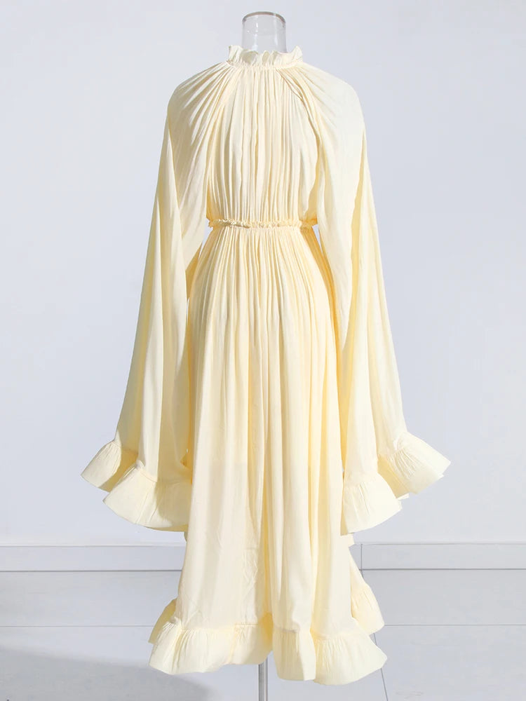 TWOTWINSTYLE Minimalist Dresses For Women V Neck Cloak Sleeve High Waist Ruffles Irregular Summer Dress Female Fashion Clothing