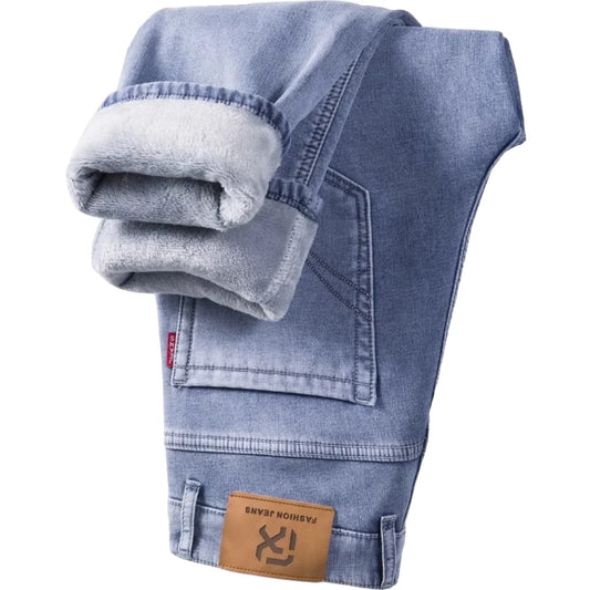 New Autumn and Winter Fashion Trend With Thick Fleece and Warm Straight Leg Blue Jeans For Men's Casual Sports High-end Jeans
