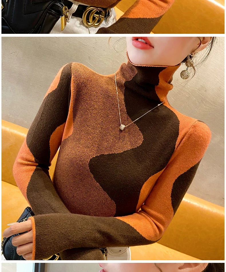 Women Clothing Vintage Fashion Slim Turtleneck Sweaters Autumn Winter Elegant Chic Patchwork Knit Pullovers Office Lady Tops