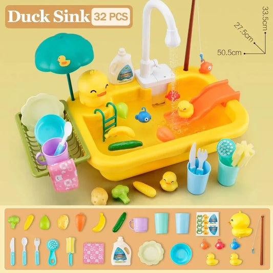 Kids Kitchen Sink Toy w/Electric Dishwasher&Running Water Pretend Play Food Fishing Game for 3+Year Old Girls Boys Birthday Gift